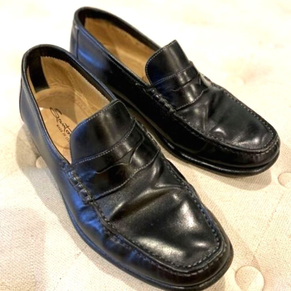 SANTONI Black Leather Penny Loafer 7 1/2 D Santoni